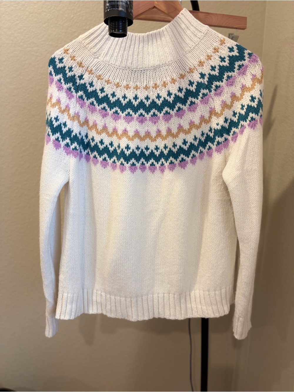 Ann Taylor Cream Cowl Neck Sweater with Teal, Lavender & Gold Fair Isle Yoke